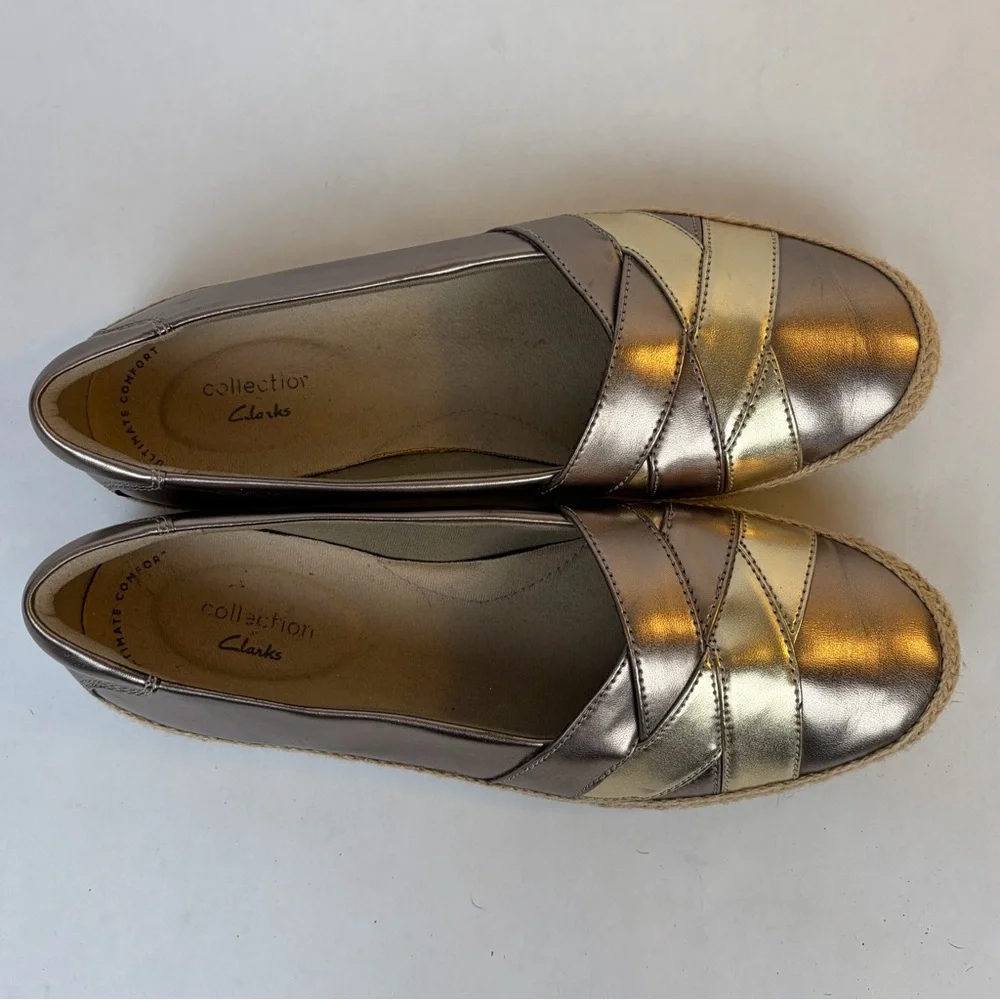 Clarks Collection Danelly Adira Metallic Espadrille Loafer Flats Pewter Gold 8.5 - Picture 3 of 15